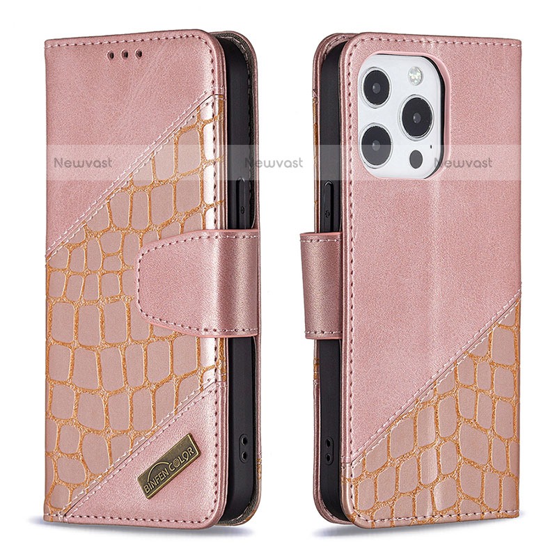 Leather Case Stands Fashionable Pattern Flip Cover L05 Holder for Apple iPhone 15 Pro Max Rose Gold