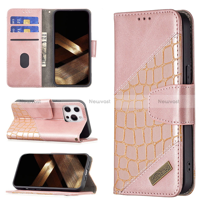 Leather Case Stands Fashionable Pattern Flip Cover L05 Holder for Apple iPhone 15 Pro Rose Gold