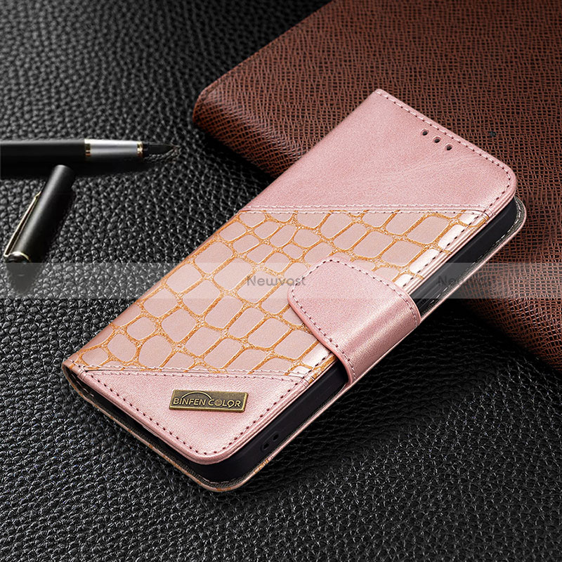 Leather Case Stands Fashionable Pattern Flip Cover L05 Holder for Apple iPhone 15 Pro Rose Gold