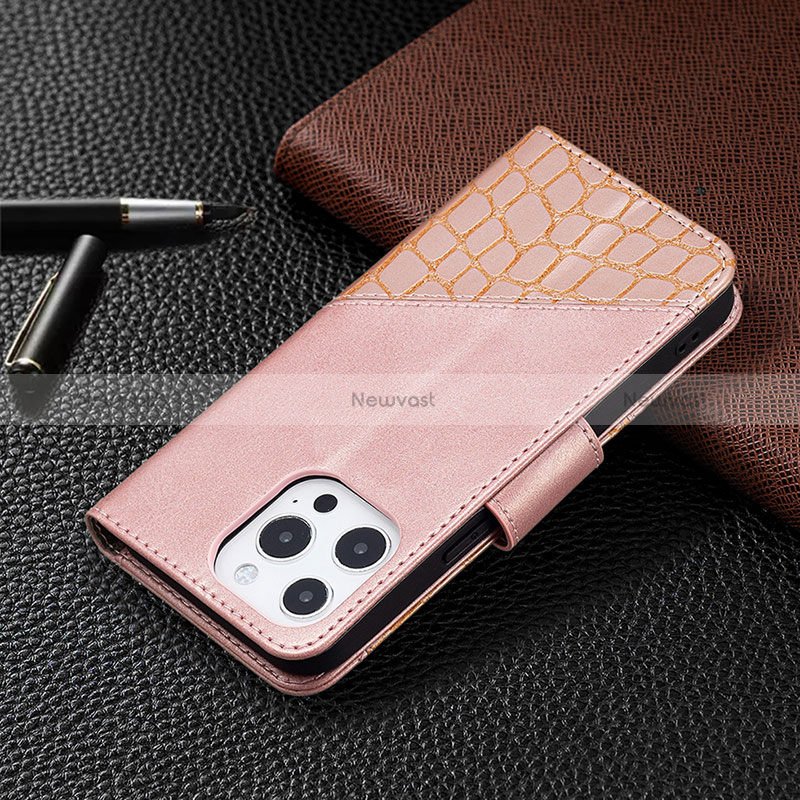 Leather Case Stands Fashionable Pattern Flip Cover L05 Holder for Apple iPhone 15 Pro Rose Gold