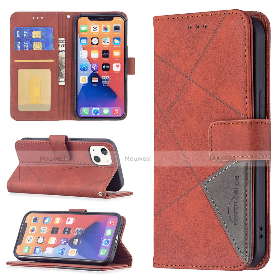 Leather Case Stands Fashionable Pattern Flip Cover L06 Holder for Apple iPhone 14 Brown