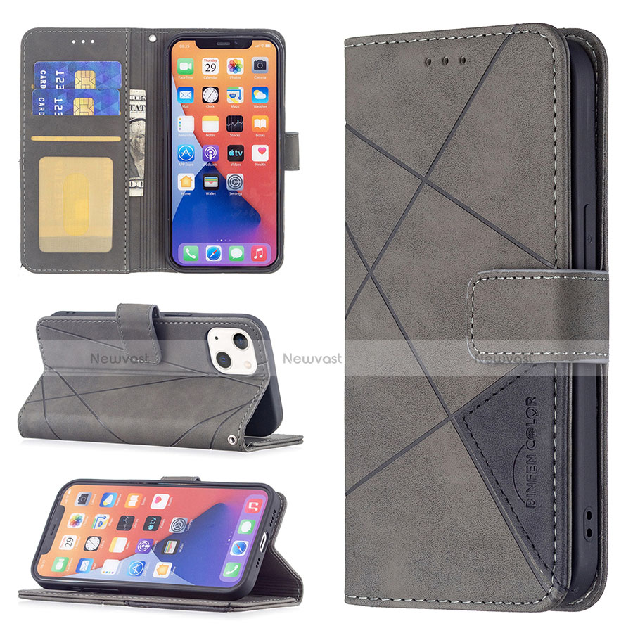 Leather Case Stands Fashionable Pattern Flip Cover L06 Holder for Apple iPhone 14 Plus Gray