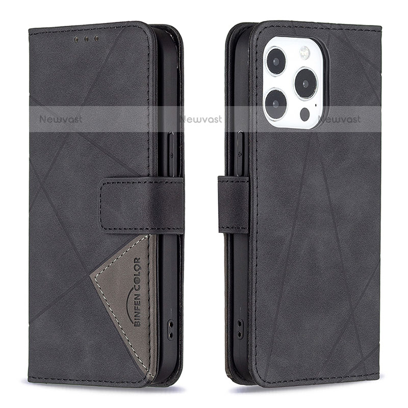 Leather Case Stands Fashionable Pattern Flip Cover L06 Holder for Apple iPhone 14 Pro Black