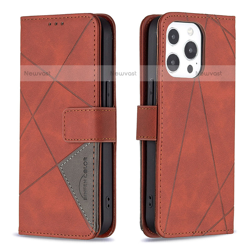 Leather Case Stands Fashionable Pattern Flip Cover L06 Holder for Apple iPhone 14 Pro Brown