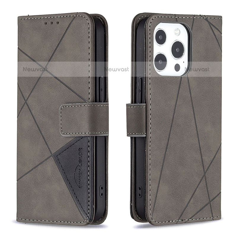 Leather Case Stands Fashionable Pattern Flip Cover L06 Holder for Apple iPhone 14 Pro Gray