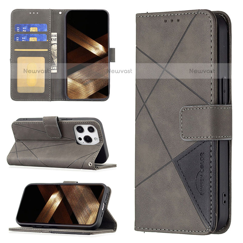 Leather Case Stands Fashionable Pattern Flip Cover L06 Holder for Apple iPhone 14 Pro Gray