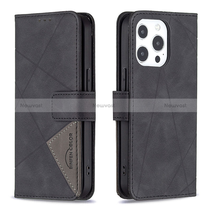 Leather Case Stands Fashionable Pattern Flip Cover L06 Holder for Apple iPhone 14 Pro Max Black