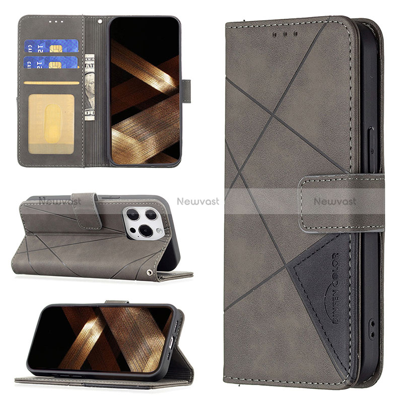 Leather Case Stands Fashionable Pattern Flip Cover L06 Holder for Apple iPhone 14 Pro Max Gray