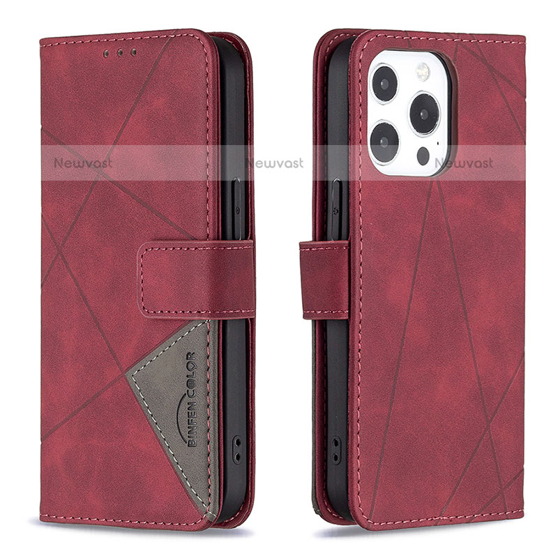 Leather Case Stands Fashionable Pattern Flip Cover L06 Holder for Apple iPhone 14 Pro Red