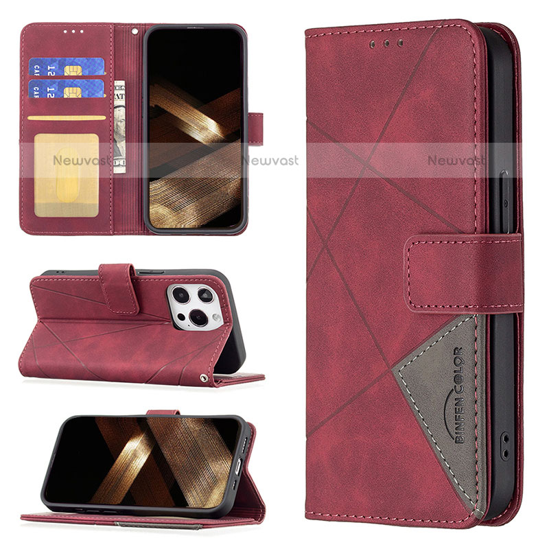 Leather Case Stands Fashionable Pattern Flip Cover L06 Holder for Apple iPhone 14 Pro Red