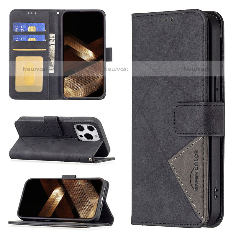 Leather Case Stands Fashionable Pattern Flip Cover L06 Holder for Apple iPhone 15 Pro Max Black