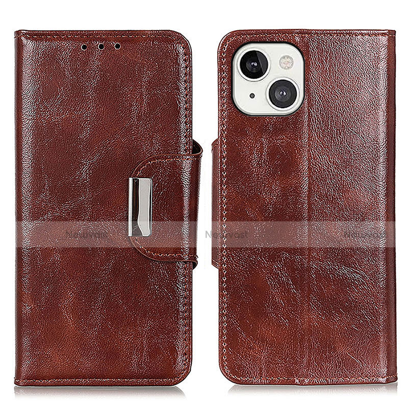 Leather Case Stands Flip Cover A01 Holder for Apple iPhone 14 Plus Brown