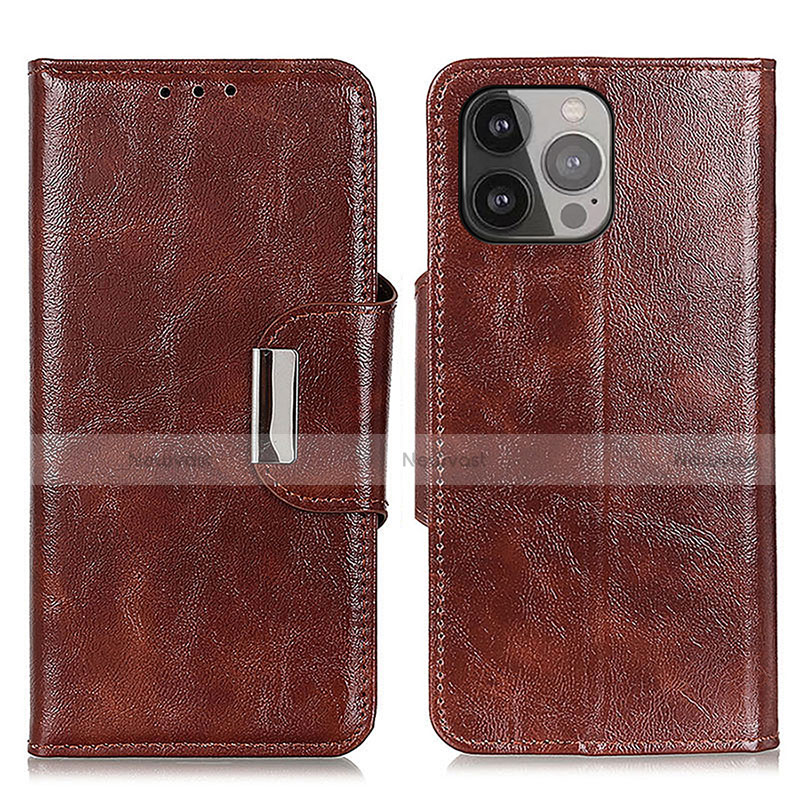 Leather Case Stands Flip Cover A01 Holder for Apple iPhone 14 Pro Brown