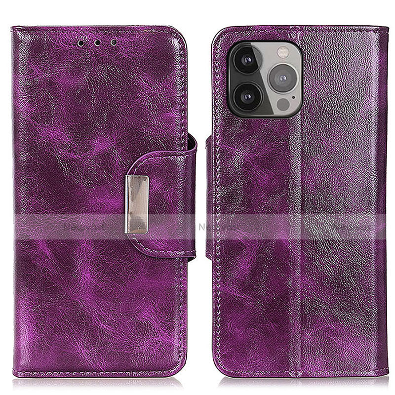 Leather Case Stands Flip Cover A01 Holder for Apple iPhone 14 Pro Max Purple