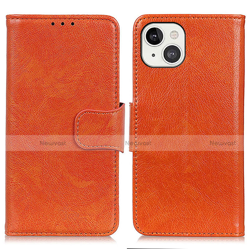 Leather Case Stands Flip Cover A02 Holder for Apple iPhone 15 Orange