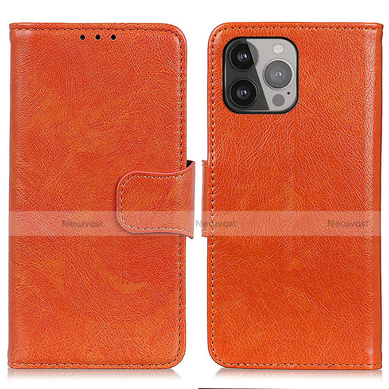 Leather Case Stands Flip Cover A02 Holder for Apple iPhone 15 Pro Orange