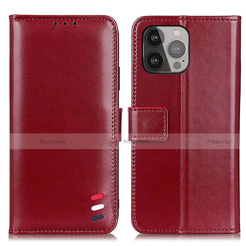 Leather Case Stands Flip Cover A04 Holder for Apple iPhone 14 Pro Max Red