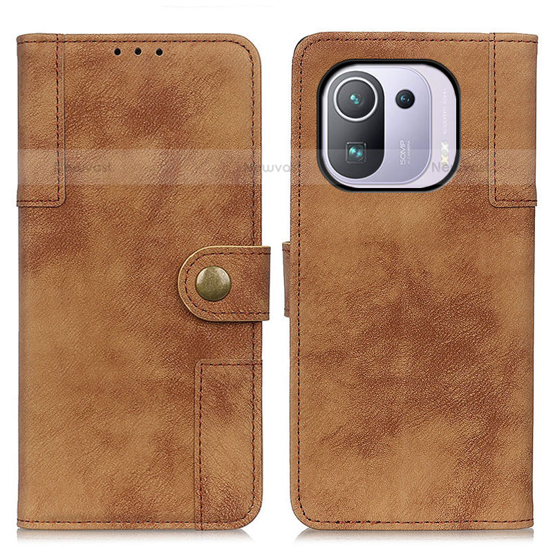 Leather Case Stands Flip Cover A07D Holder for Xiaomi Mi 11 Pro 5G Brown