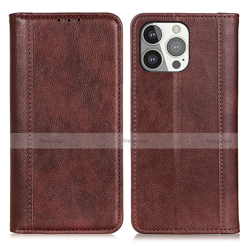 Leather Case Stands Flip Cover A08 Holder for Apple iPhone 14 Pro Brown