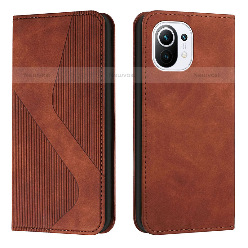 Leather Case Stands Flip Cover C02 Holder for Xiaomi Mi 11 Lite 4G Brown