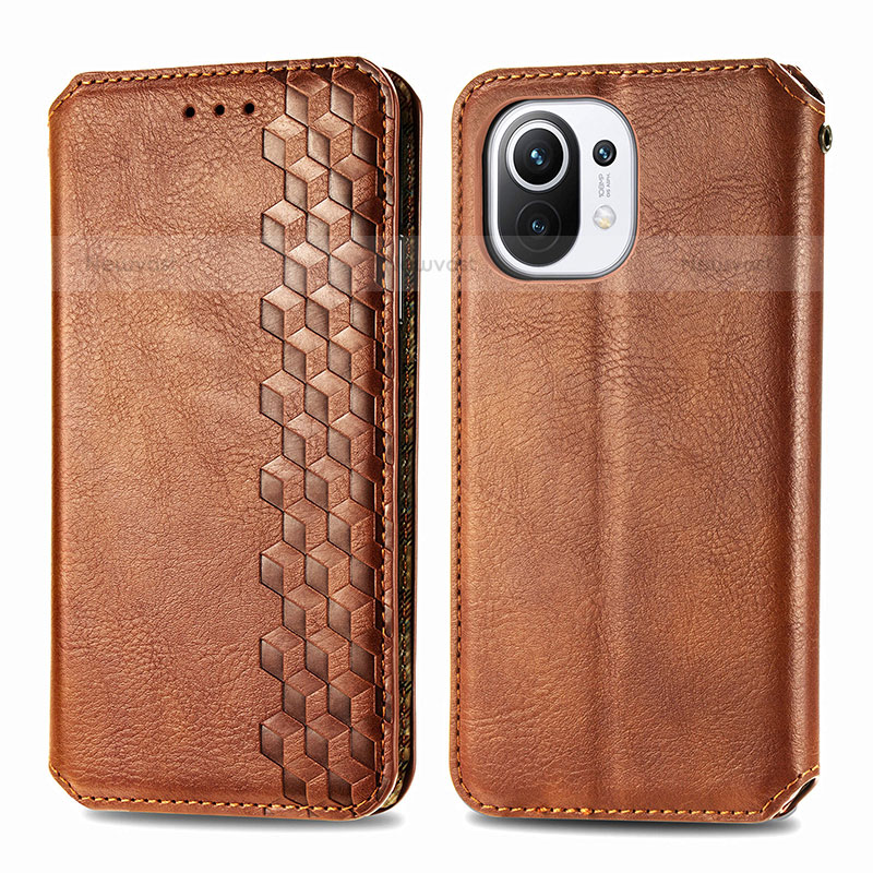 Leather Case Stands Flip Cover C04 Holder for Xiaomi Mi 11 5G Brown