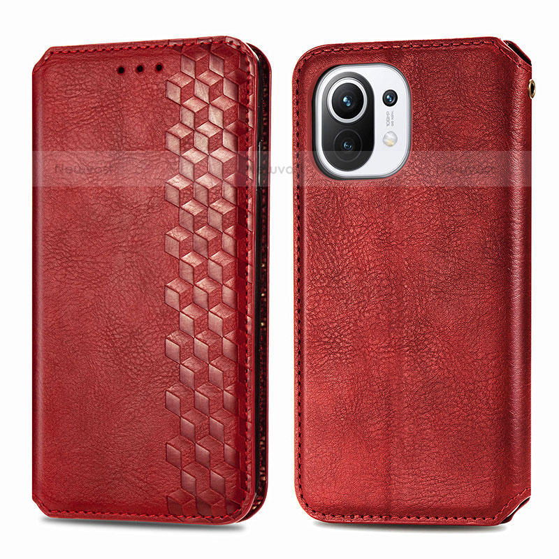 Leather Case Stands Flip Cover C04 Holder for Xiaomi Mi 11 5G Red