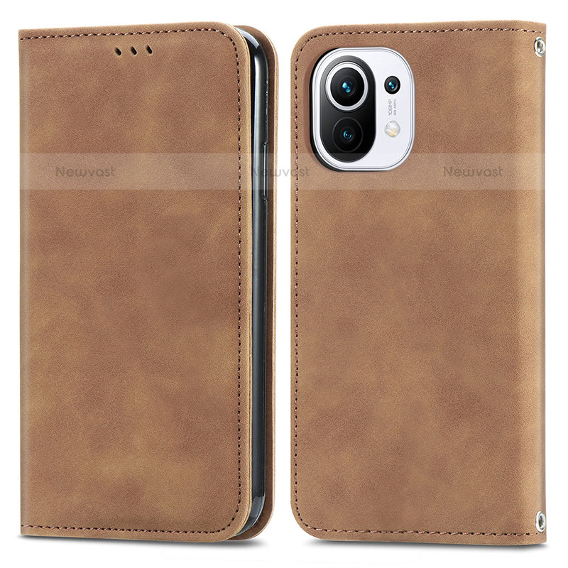 Leather Case Stands Flip Cover C05 Holder for Xiaomi Mi 11 5G Brown