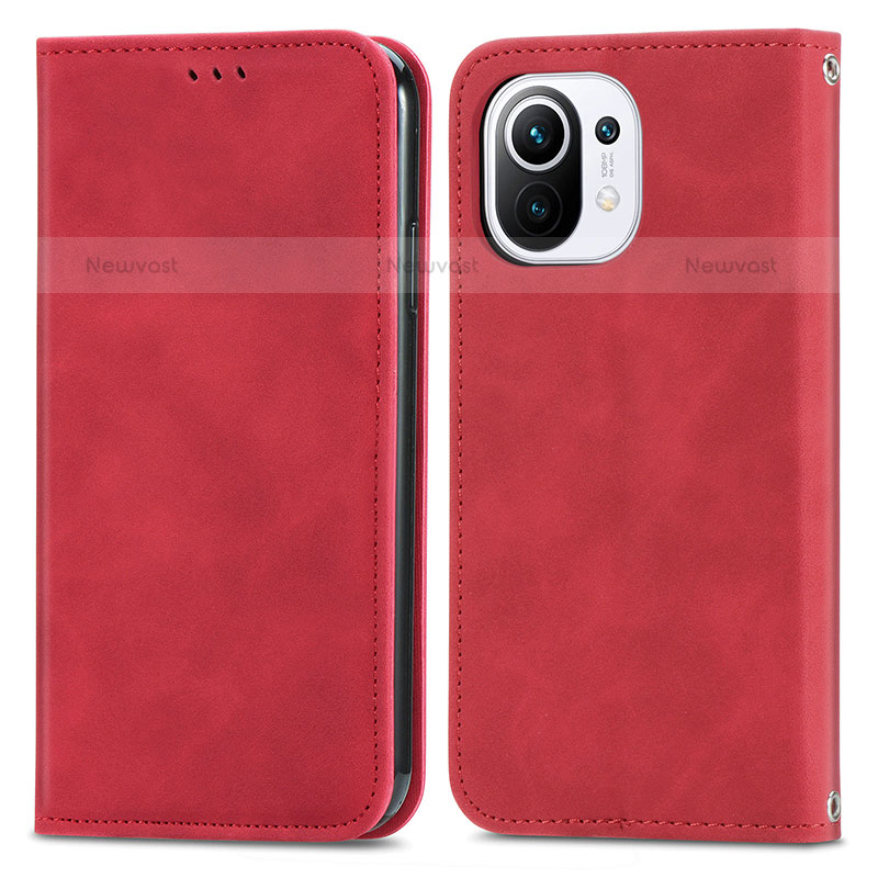 Leather Case Stands Flip Cover C05 Holder for Xiaomi Mi 11 Lite 4G Red