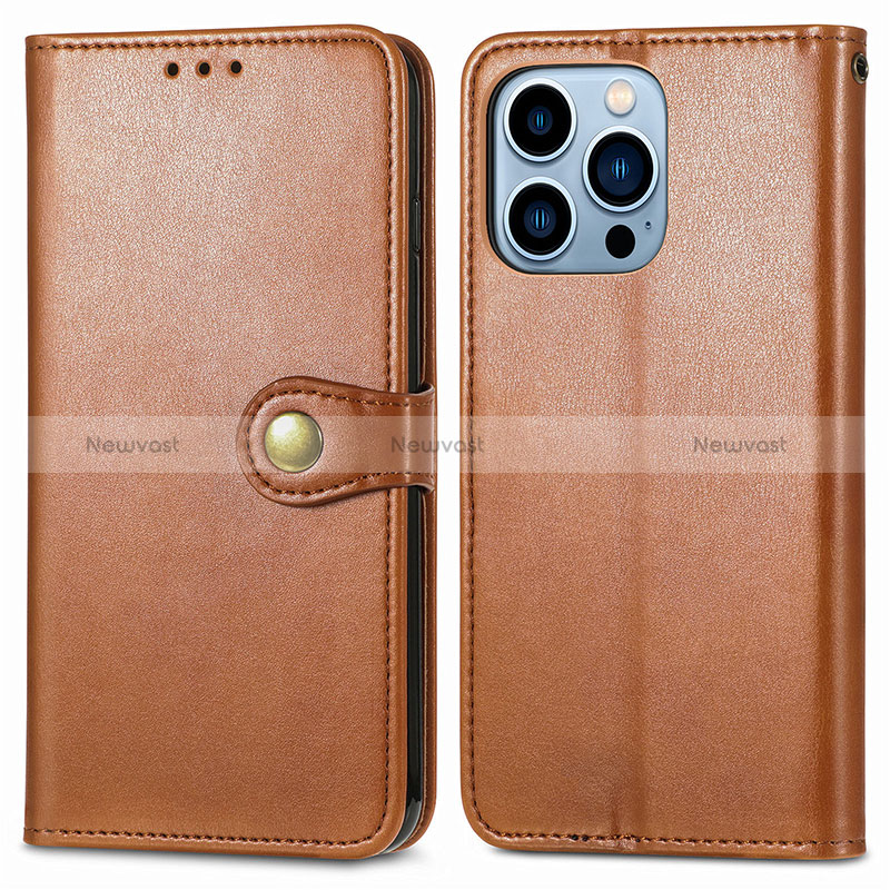 Leather Case Stands Flip Cover F01 Holder for Apple iPhone 14 Pro Max Brown