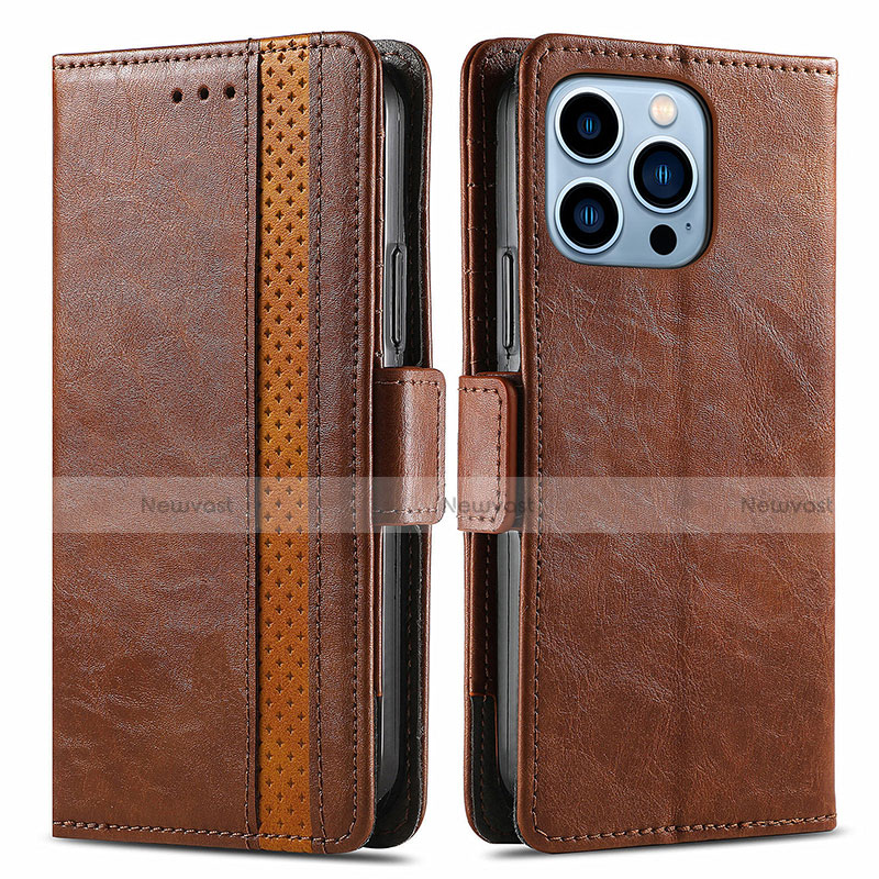 Leather Case Stands Flip Cover F03 Holder for Apple iPhone 13 Pro Max Brown