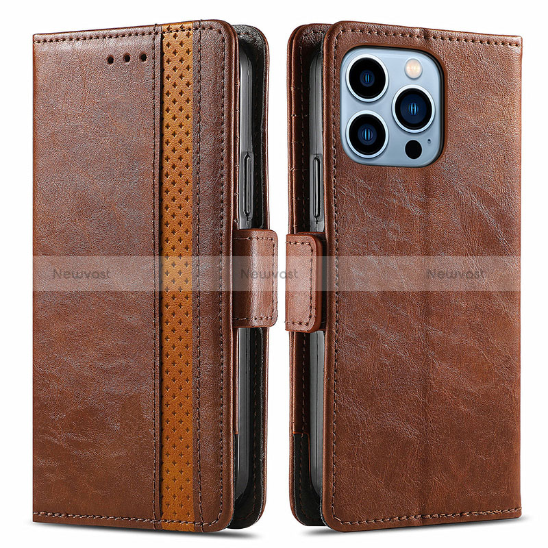 Leather Case Stands Flip Cover F03 Holder for Apple iPhone 14 Pro Max Brown