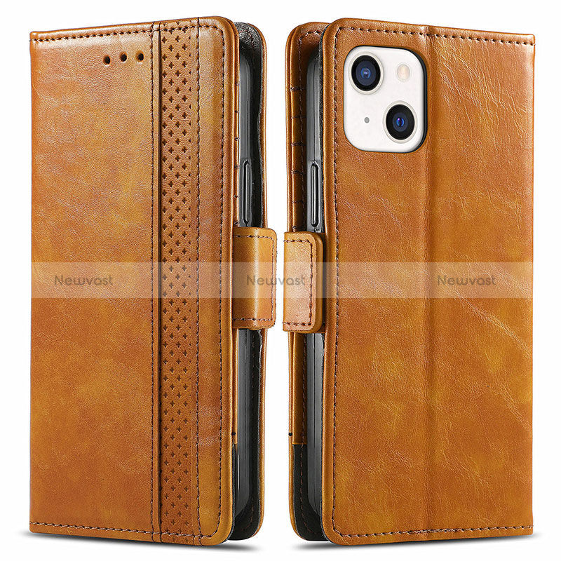 Leather Case Stands Flip Cover F03 Holder for Apple iPhone 15 Light Brown