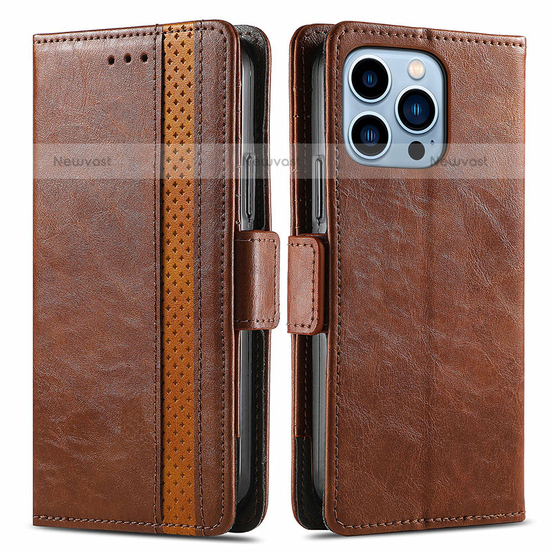 Leather Case Stands Flip Cover F03 Holder for Apple iPhone 15 Pro Max Brown