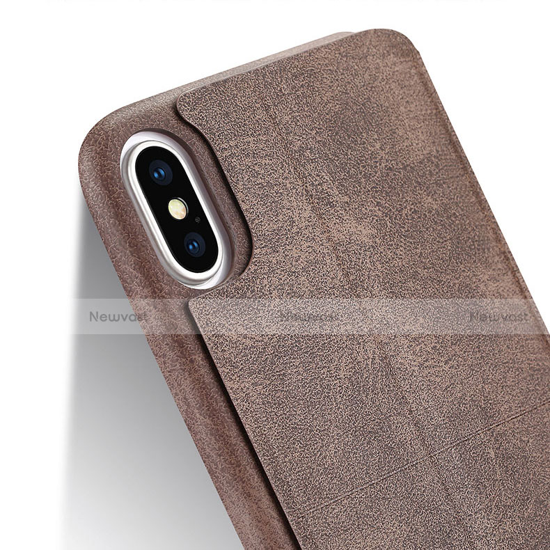 Leather Case Stands Flip Cover for Apple iPhone Xs Brown