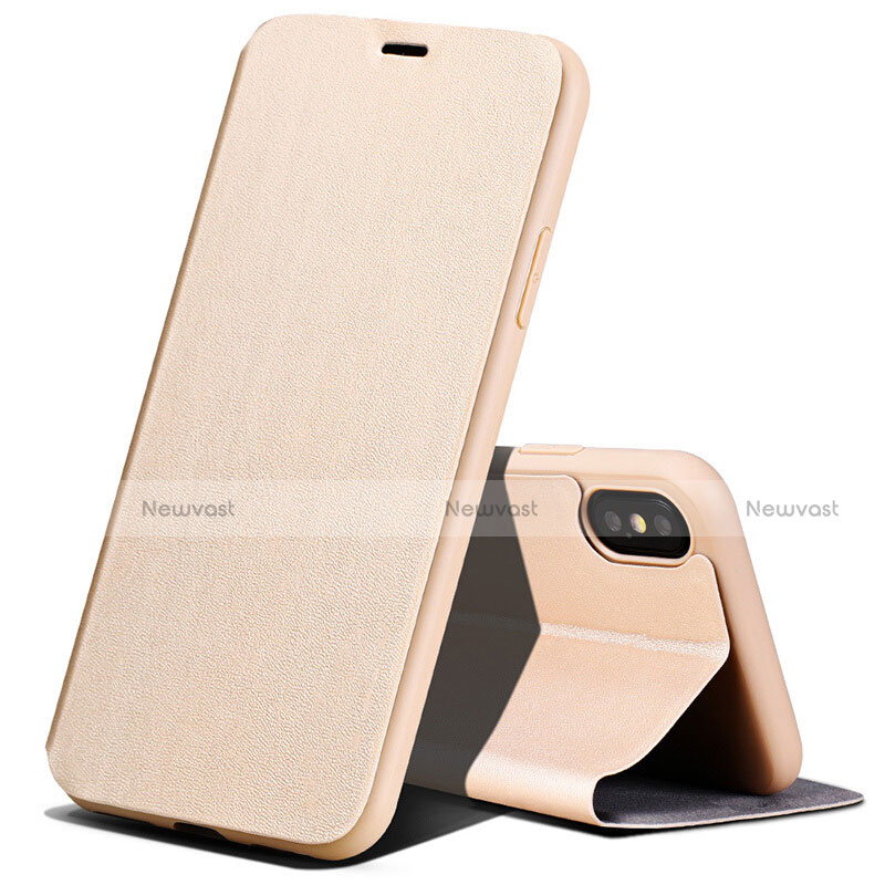 Leather Case Stands Flip Cover for Apple iPhone Xs Gold