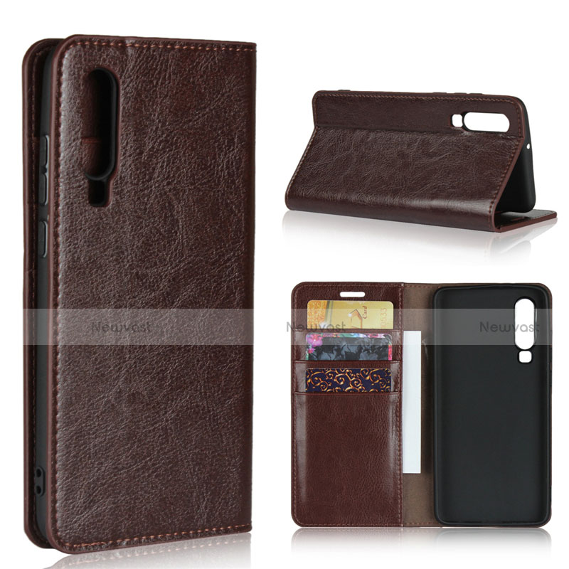 Leather Case Stands Flip Cover for Huawei P30 Brown