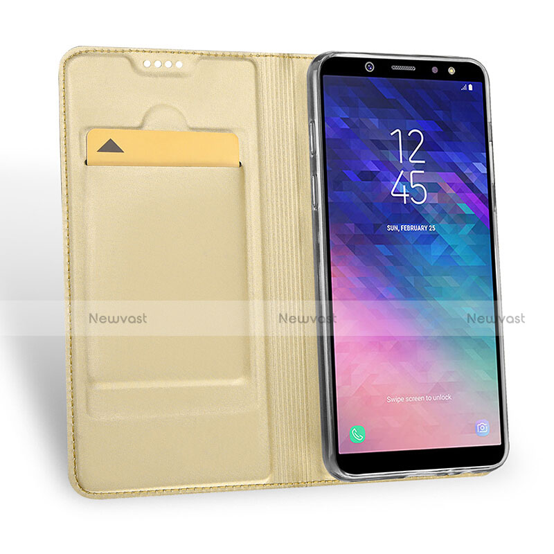 Leather Case Stands Flip Cover for Samsung Galaxy A6 Plus (2018) Gold