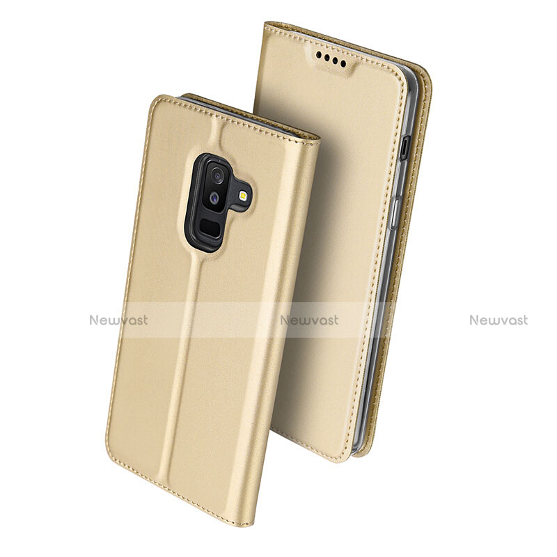 Leather Case Stands Flip Cover for Samsung Galaxy A6 Plus (2018) Gold