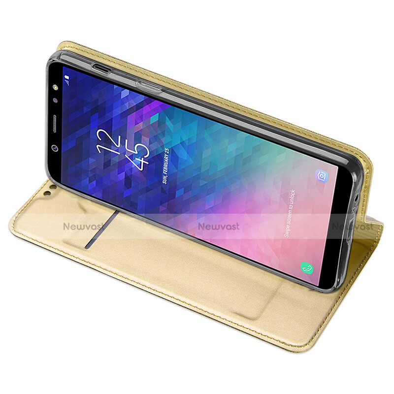 Leather Case Stands Flip Cover for Samsung Galaxy A6 Plus (2018) Gold