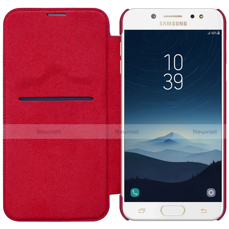 Leather Case Stands Flip Cover for Samsung Galaxy C8 C710F Red