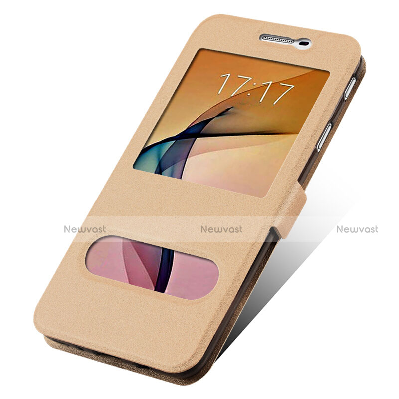 Leather Case Stands Flip Cover for Samsung Galaxy J7 Prime Gold