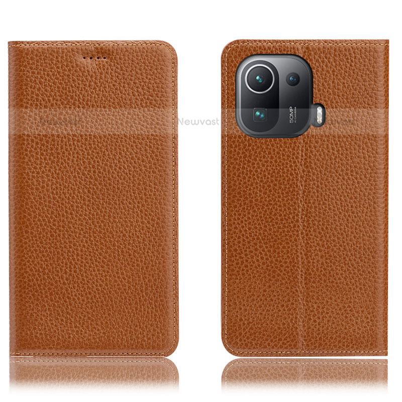 Leather Case Stands Flip Cover H02P Holder for Xiaomi Mi 11 Pro 5G Light Brown