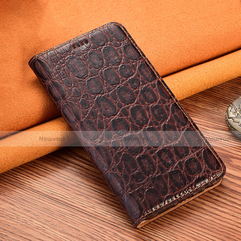 Leather Case Stands Flip Cover H18 Holder for Apple iPhone 15 Brown