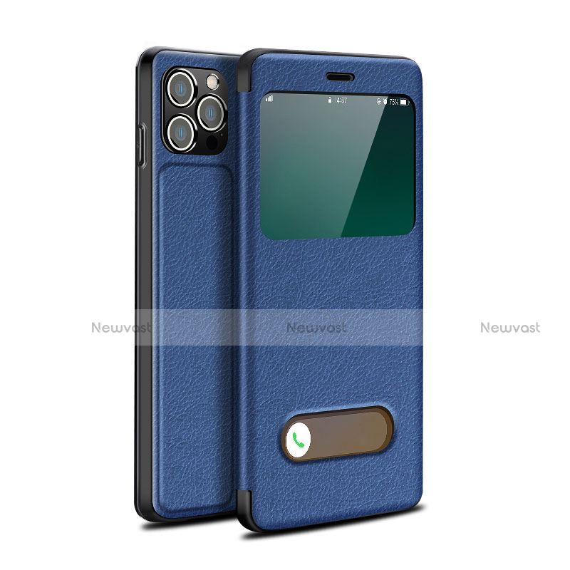 Leather Case Stands Flip Cover H19 Holder for Apple iPhone 15 Pro Blue