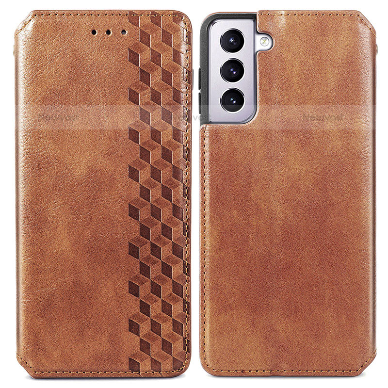 Leather Case Stands Flip Cover Holder A01D for Samsung Galaxy S21 5G Brown