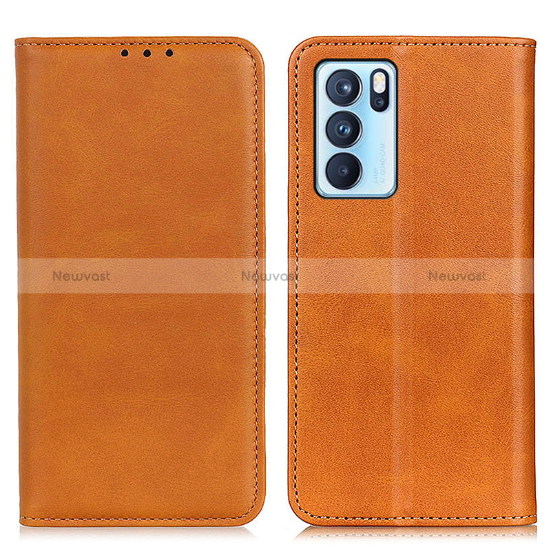 Leather Case Stands Flip Cover Holder A02D for Oppo Reno6 Pro 5G India Light Brown