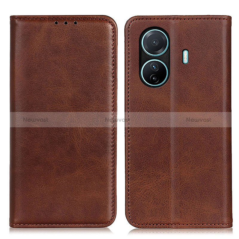 Leather Case Stands Flip Cover Holder A02D for Vivo iQOO Z6 Pro 5G Brown