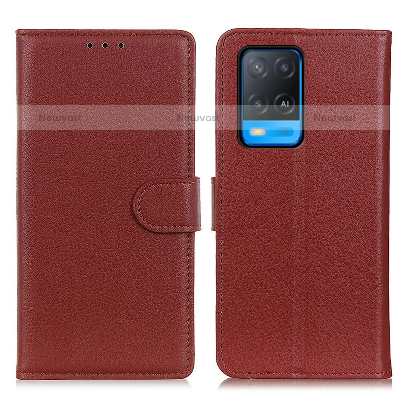 Leather Case Stands Flip Cover Holder A03D for Oppo A54 4G Brown