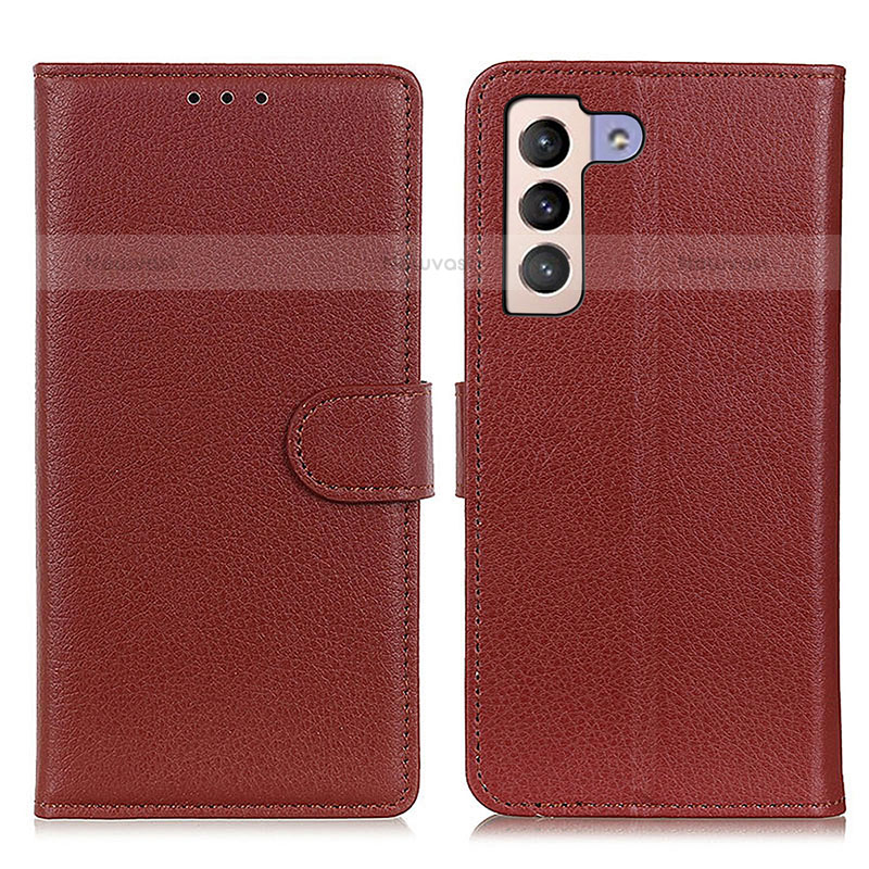 Leather Case Stands Flip Cover Holder A03D for Samsung Galaxy S22 5G Brown