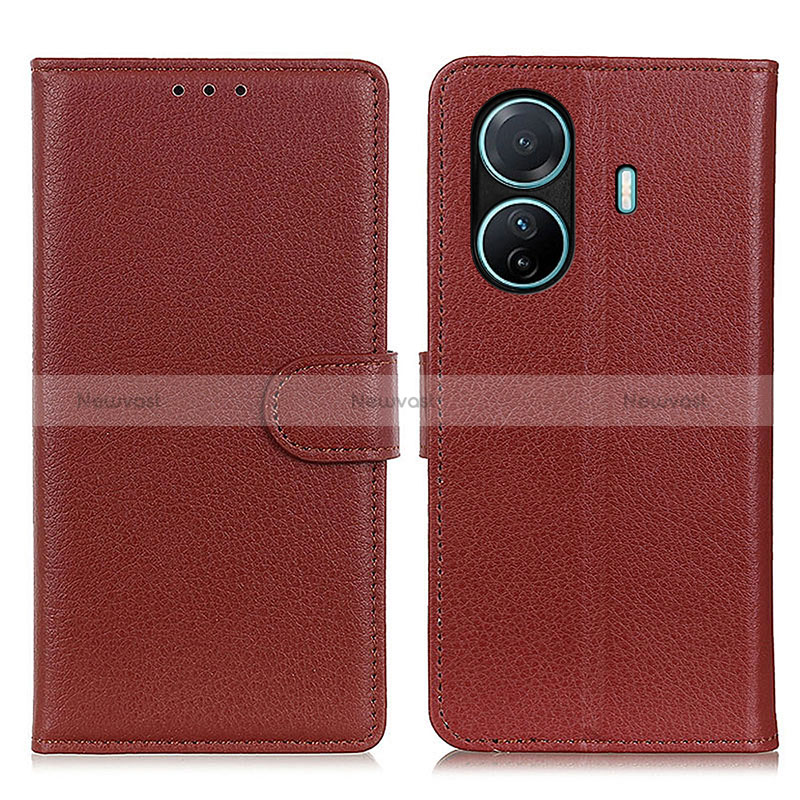 Leather Case Stands Flip Cover Holder A03D for Vivo iQOO Z6 Pro 5G Brown